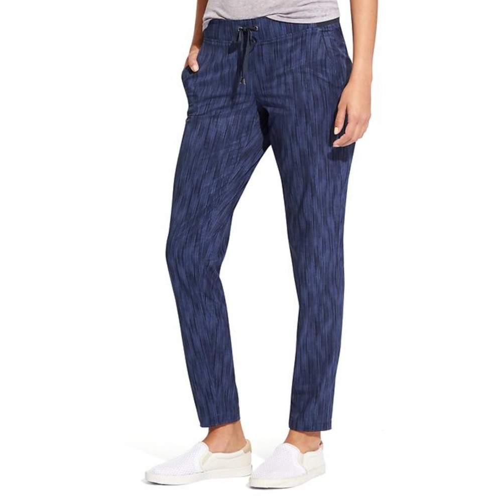 Athleta Stride Midtown Ankle Pant Blue Space Dye Tapered Drawstring Size 12